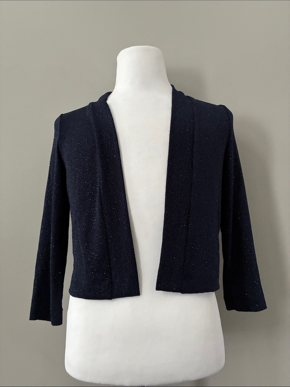 Ronni Nicole Navy Sparkle Cropped Open-Front Shrug